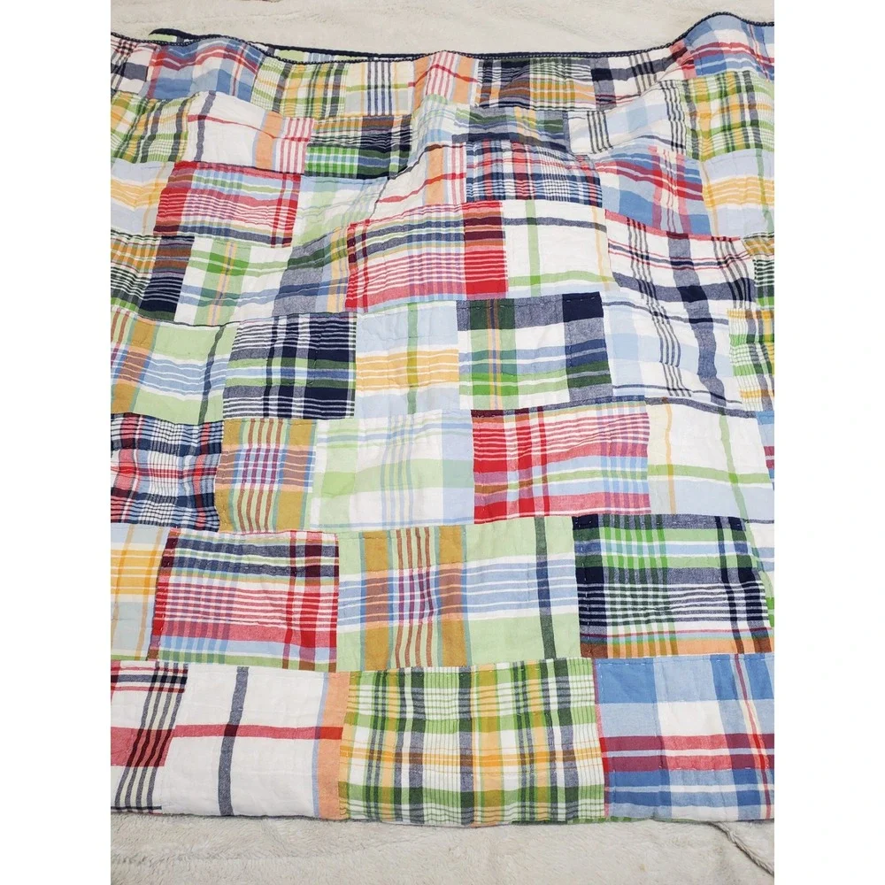Pottery Barn Kids Blue White Multicolored Madras Plaid Twin Quilt Kidcore Retro